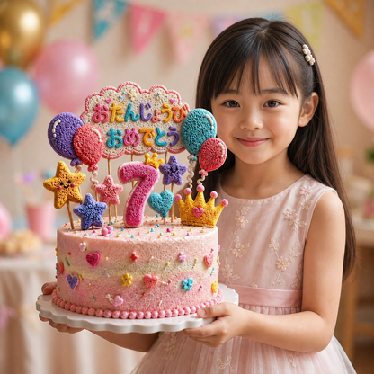 3Dアートで飾った誕生日ケーキを持つ日本の女の子